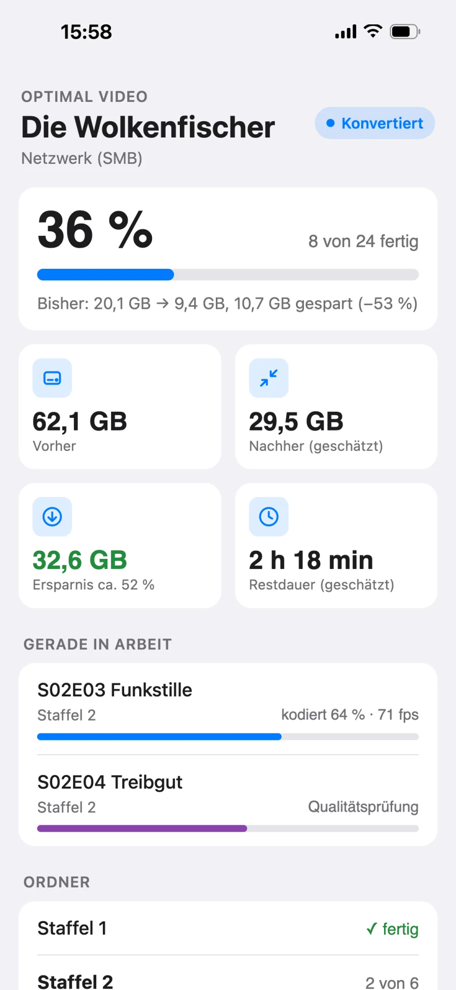 Die Fortschrittsseite auf dem iPhone: 36 Prozent, Restdauer, laufende Dateien und Ordner.